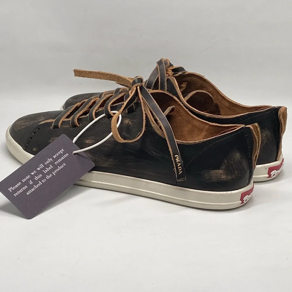 Prada Distressed Low-Top Leather Sneakers size 38.5 - Picture 13 of 16